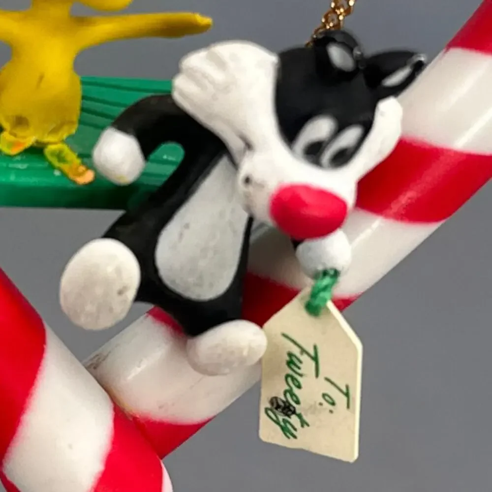 VTG Warner Bros Tweety Sylvester Heart Candy Cane Ornament Looney Tune Christmas